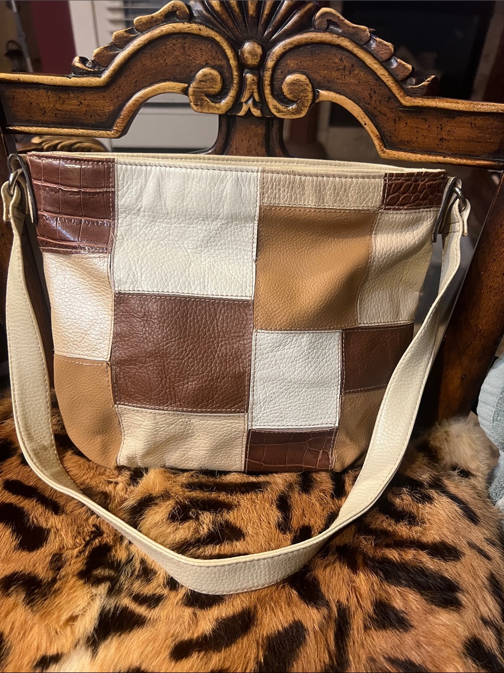 Classic Patchwork Leather Shoulder Bag in Cream and Brown